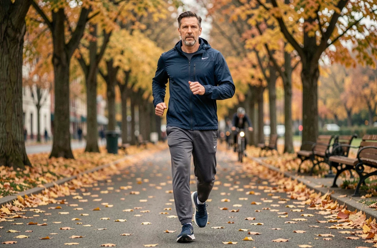 Homme faisant du jogging dans un parc en automne pour illustrer l'activité physique quotidienne et un mode de vie sain