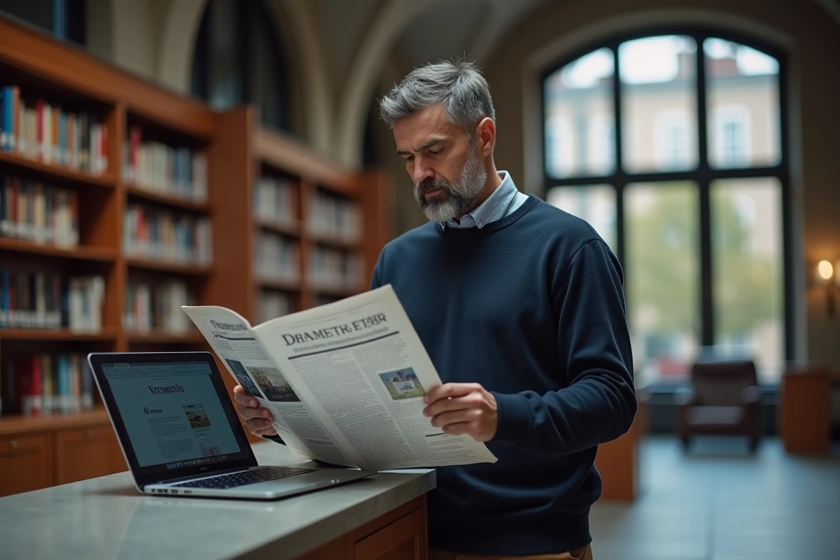Homme consultant un journal et un site d'actualité scientifique dans une bibliothèque universitaire