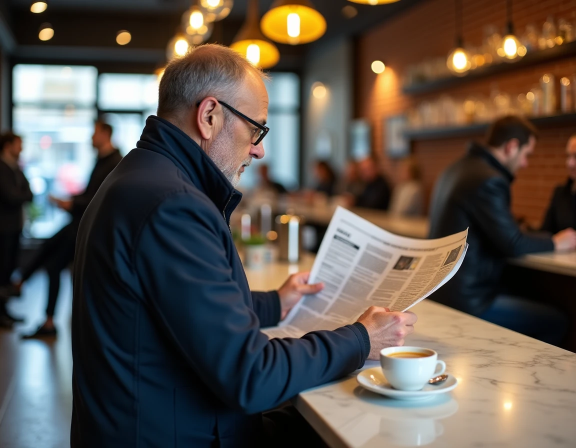 Homme lisant un journal imprimé dans un café urbain animé
