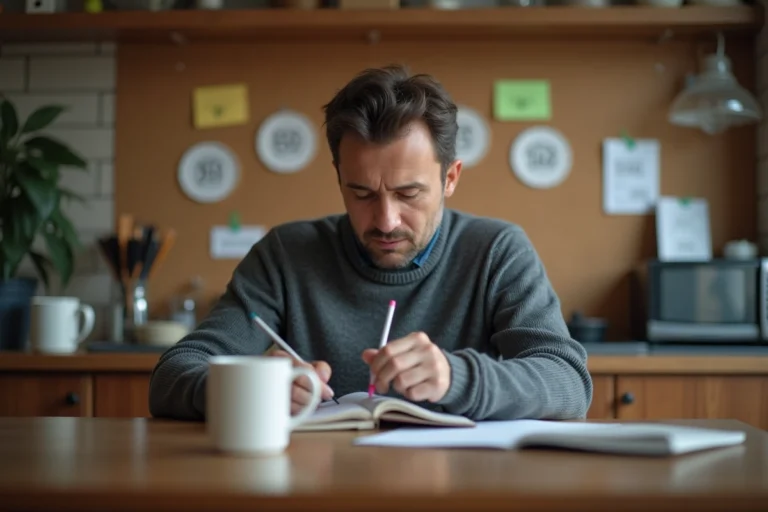Homme d'âge moyen vérifiant son ticket Euromillions à la maison