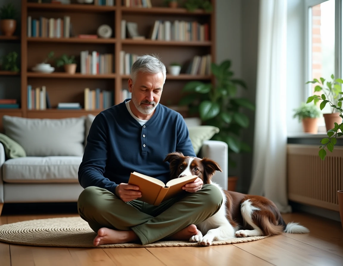 Uomo che legge un libro sulla cura del cane in un salotto con un border collie in grembo, risorse pratiche per i proprietari di cani