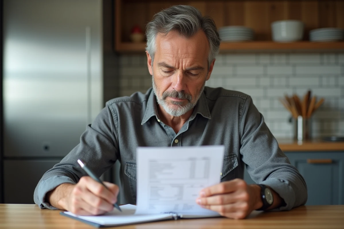 Homme étudiant un bulletin de salaire à la maison en cuisine
