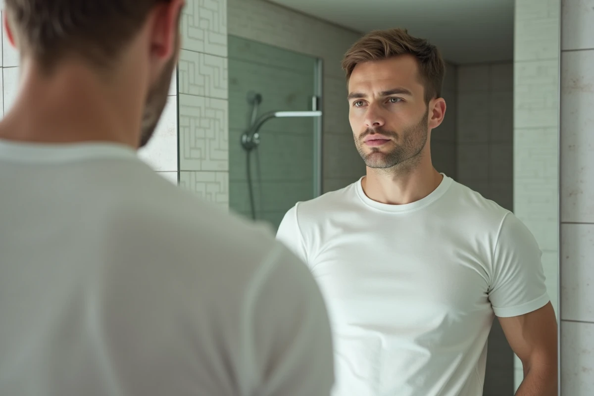 Homme regardant son reflet dans le miroir de la salle de bain