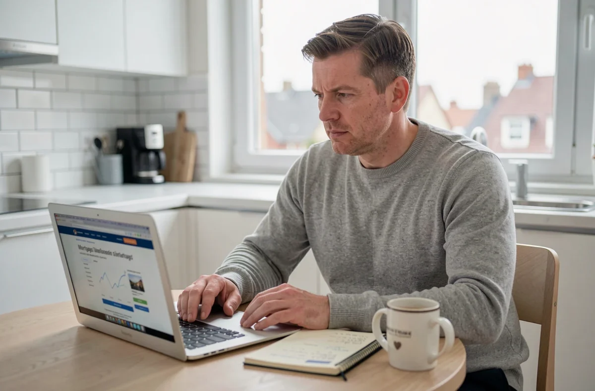 Homme calculant sa capacité d'emprunt immobilier sur ordinateur portable dans une cuisine moderne