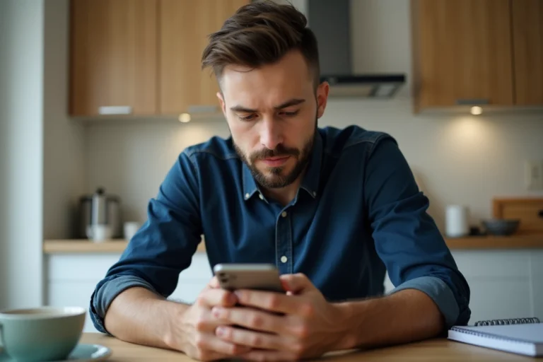 Homme regardant son smartphone dans la cuisine