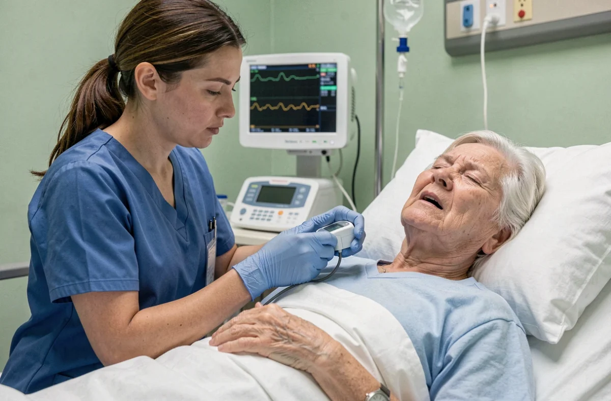 Infirmière mesurant la saturation en oxygène d'une patiente en détresse respiratoire dans un service hospitalier