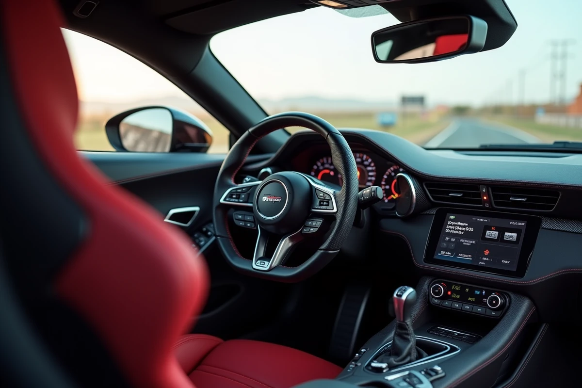 Intérieur cockpit sportif d'une voiture de performance avec volant en Alcantara et tableau de bord carbone