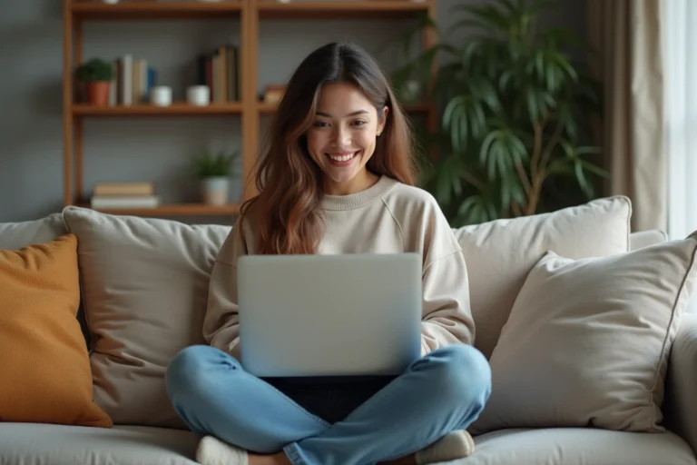 Jeune femme souriante sur un canapé dans un appartement moderne