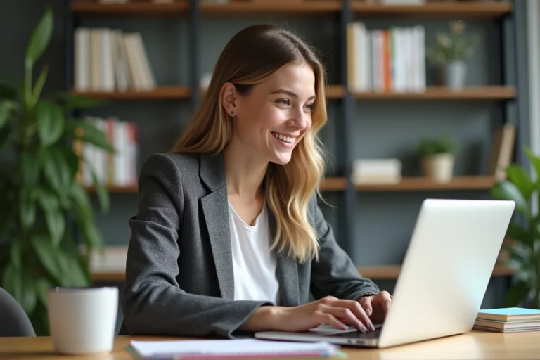 Jeune femme en bureau moderne souriante devant son ordinateur
