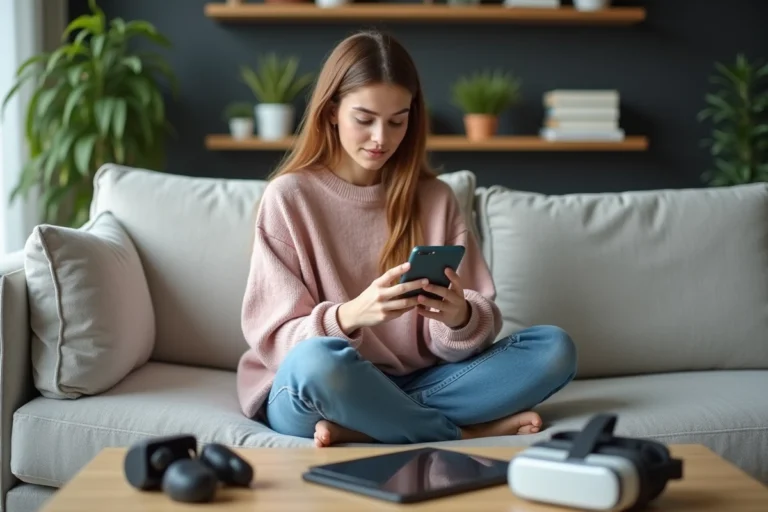Jeune femme avec smartphone et gadgets dans un salon moderne