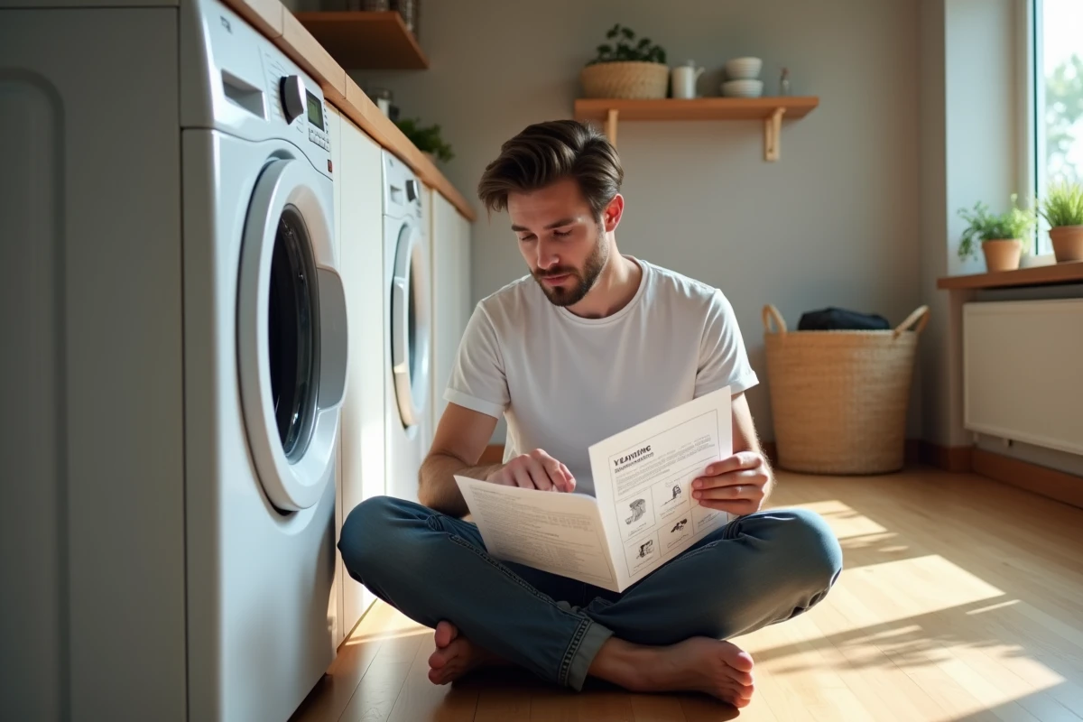 Jeune homme lisant le manuel de la machine à laver dans la pièce