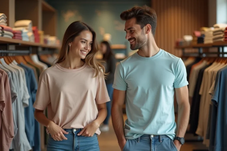 Deux jeunes adultes comparant des T-shirts en magasin