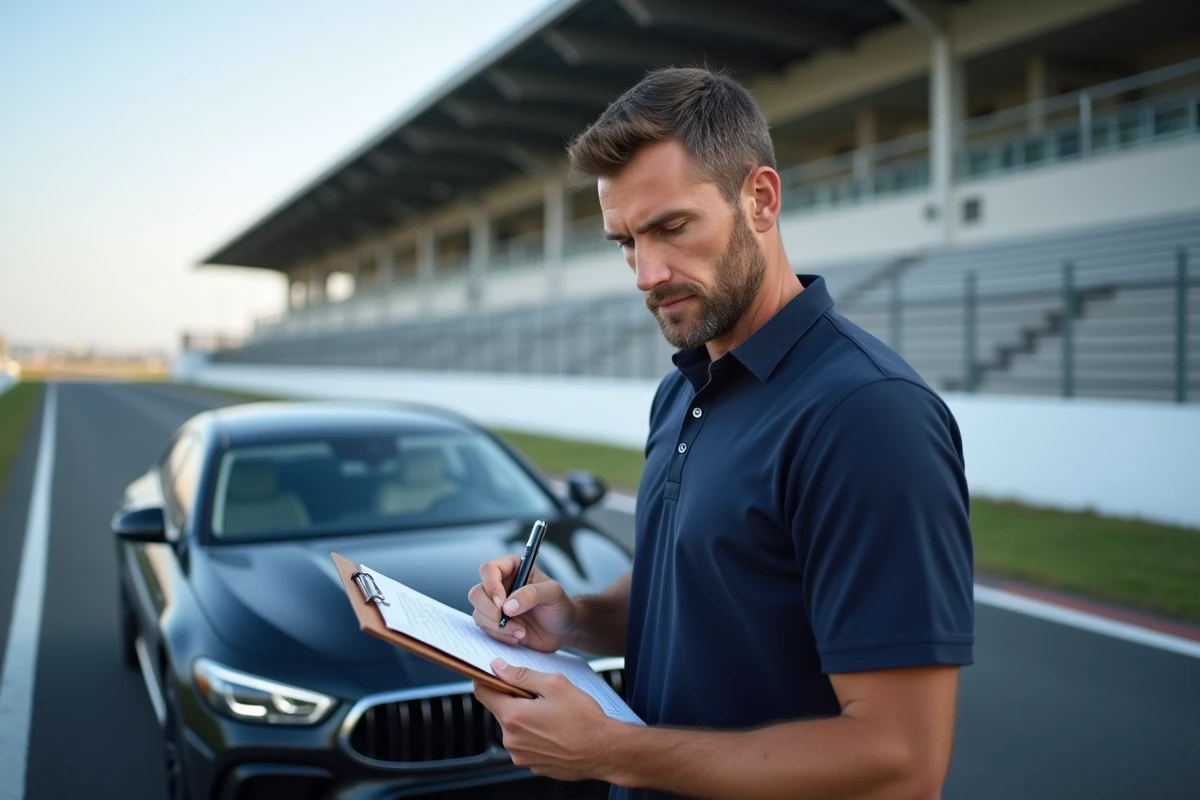 Journaliste automobile prenant des notes lors d'un essai routier sur un circuit professionnel