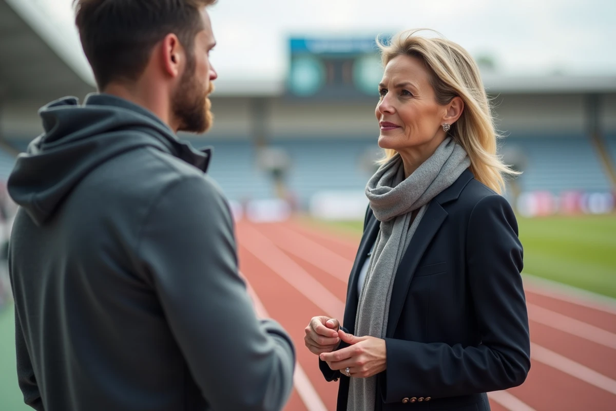 Femme journaliste interviewant un athlète près de la piste