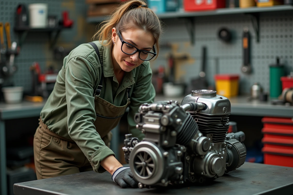 Mécanicienne experte travaillant sur un moteur de moto dans un atelier de réparation professionnel