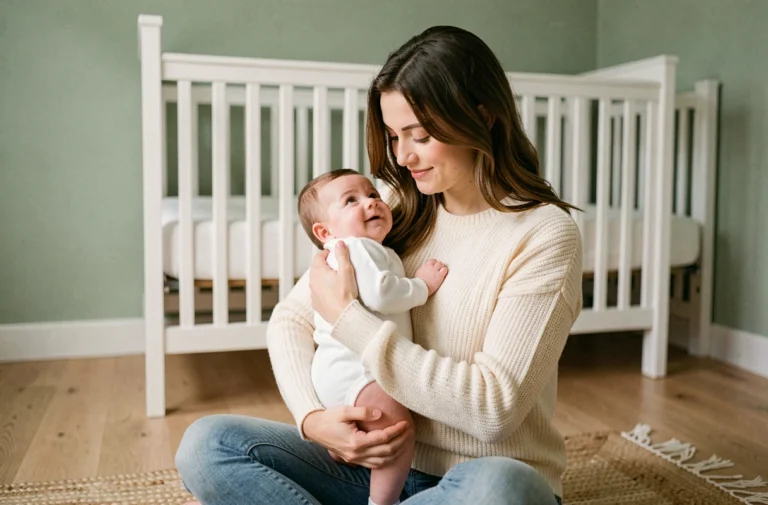 Mère tenant son bébé de 3 mois dans les bras dans une chambre d'enfant cosy, illustrant le développement affectif du nourrisson