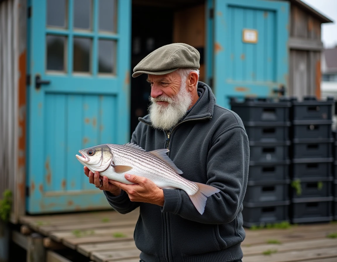 Pêcheur expérimenté tenant un bar fraîchement pêché sur le quai du port du Guilvinec avec des caisses de pêche en arrière-plan