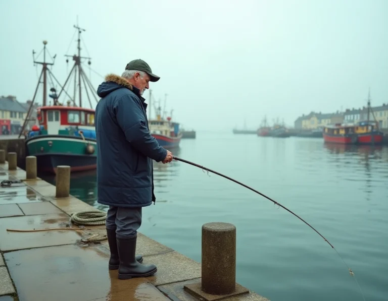Pêcheur en veste marine lançant sa canne à pêche depuis la jetée du port du Guilvinec avec des chalutiers colorés en arrière-plan
