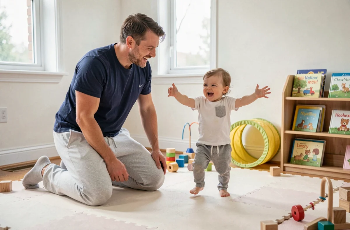 Père encourageant son bébé d'un an à faire ses premiers pas dans une salle de jeux familiale, moment clé du développement de la marche