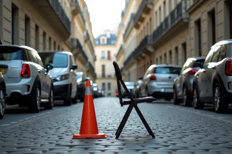 Cône de signalisation et chaise pliante posés sur une place de stationnement réservée devant un immeuble parisien