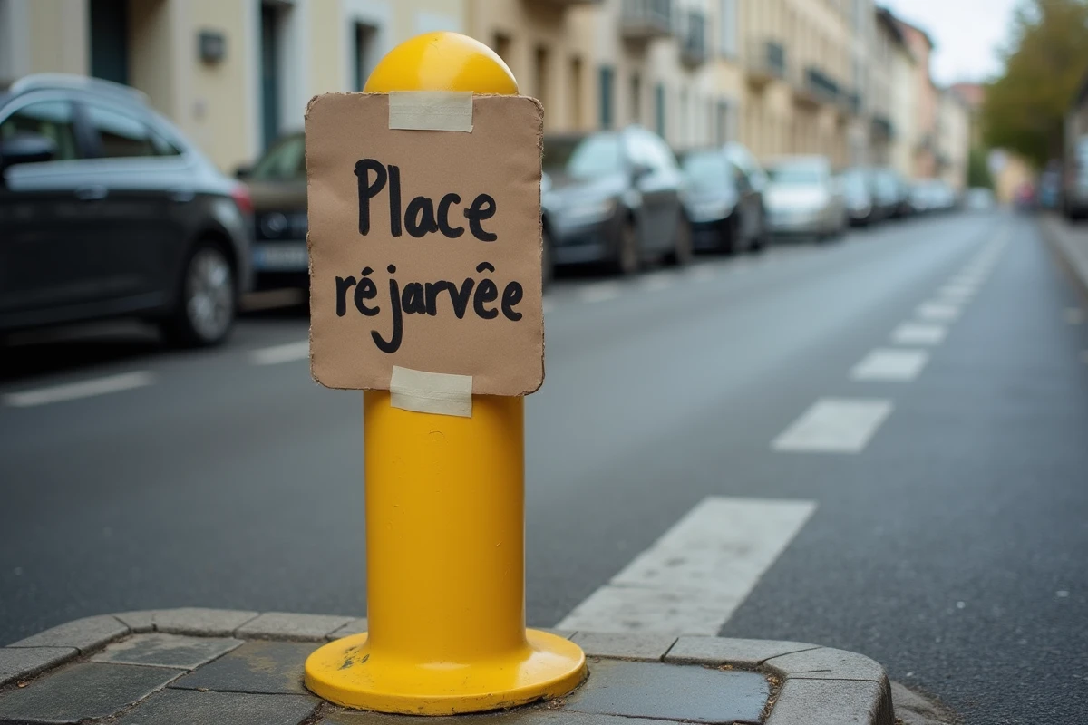 Plot jaune avec panneau fait main indiquant place réservée sur une rue résidentielle française