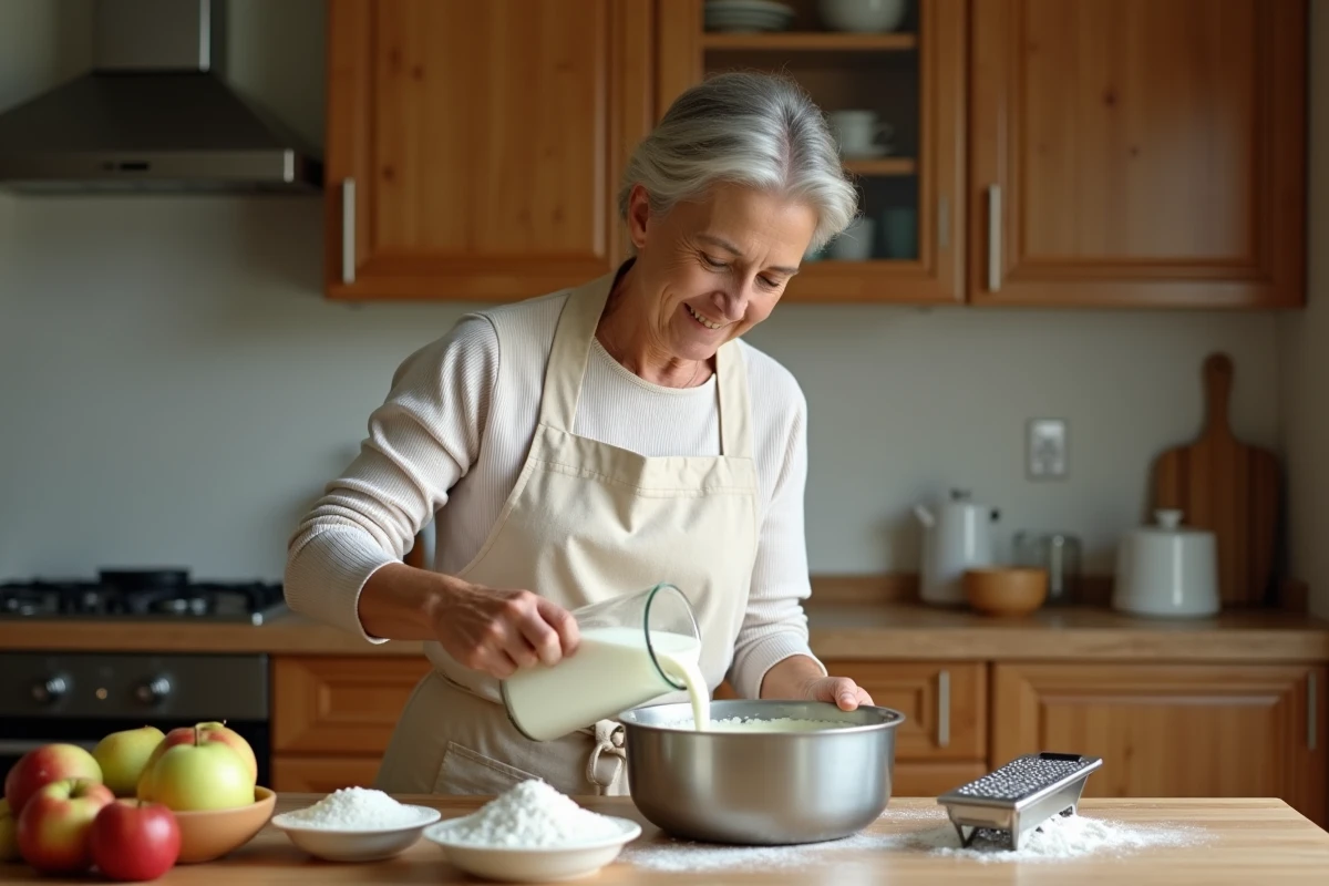 Femme en tablier préparant la pâte du gâteau au yaourt pomme dans une cuisine maison avec des ingrédients frais