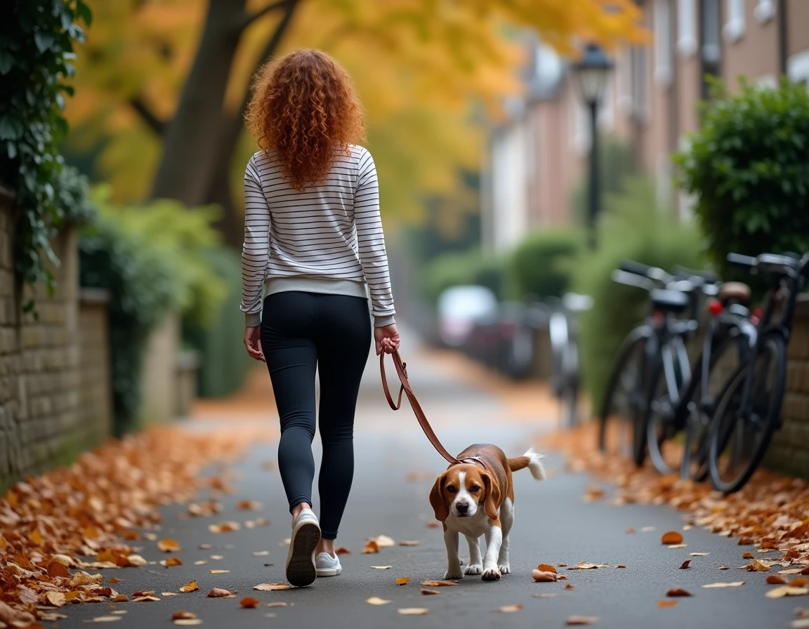 Giovane donna che porta a passeggio il suo beagle al guinzaglio in una strada residenziale in autunno, consigli per vivere bene con il proprio cane quotidianamente