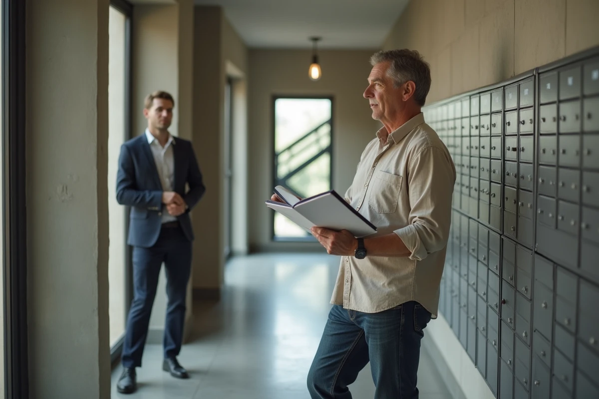 Propriétaire discutant avec un gestionnaire de copropriété dans le couloir d'un immeuble lors d'une démarche de sortie de copropriété