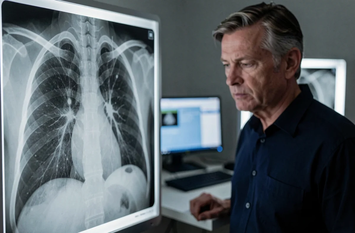 Radiologue analysant une radiographie thoracique présentant des opacités bilatérales évocatrices d'un œdème pulmonaire aigu
