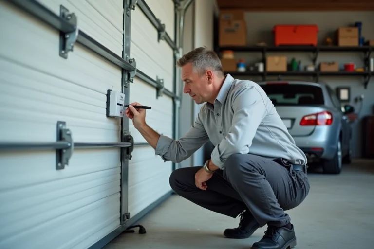 Technicien appuyant sur le bouton de réinitialisation du moteur d'une porte sectionnelle La Toulousaine électrique dans un garage résidentiel