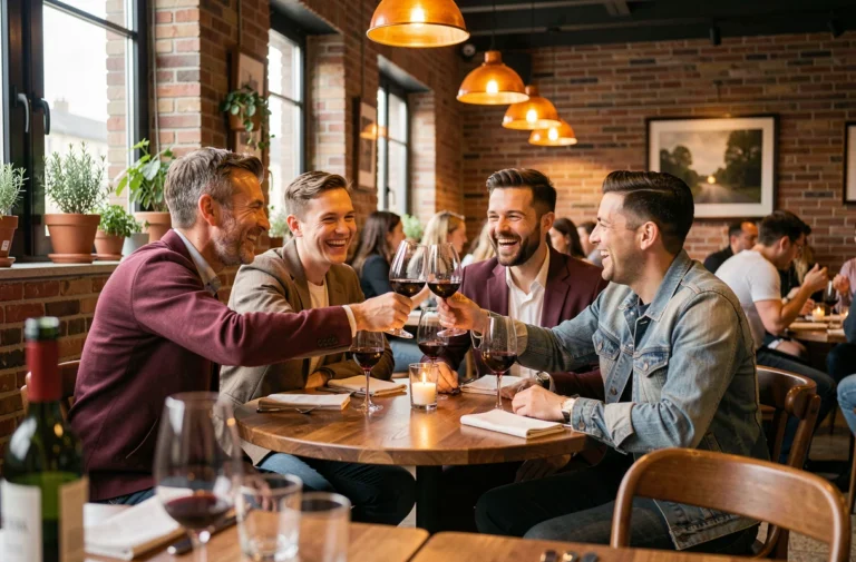 Groupe d'amis attablés dans un restaurant convivial à Bordeaux Lac, trinquant avec des verres de vin rouge dans une ambiance chaleureuse