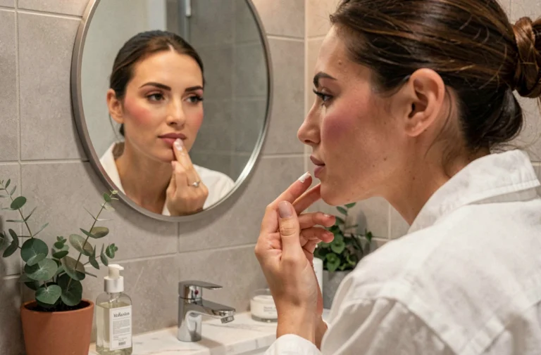 Femme appliquant une crème de soin sur son visage devant un miroir de salle de bain en marbre blanc, look naturel et lumineux