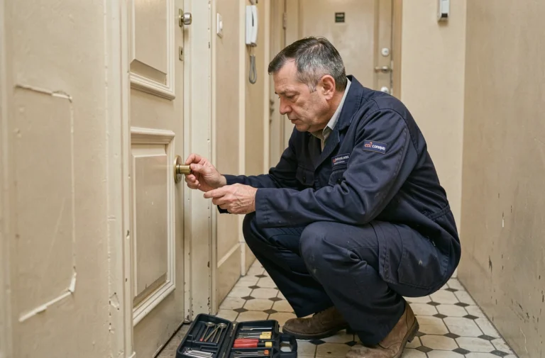 Serrurier professionnel intervenant sur une porte d'appartement haussmannien dans les Hauts-de-Seine
