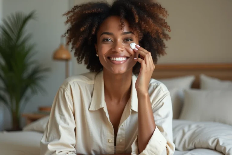 Femme appliquant une creme visage dans un cadre naturel