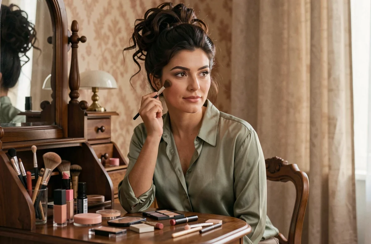 Femme aux cheveux bouclés se maquillant à sa coiffeuse vintage avec une collection de cosmétiques soigneusement disposés