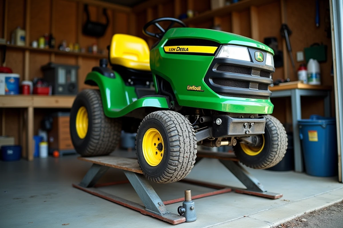 Tracteur tondeuse surélevé sur un lève-tondeuse artisanal en fer cornière avec vérin hydraulique dans un garage béton