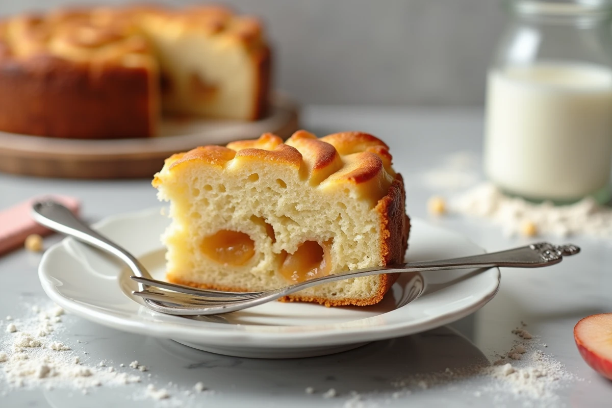 Tranche de gâteau au yaourt pomme sur assiette blanche avec une fourchette vintage et un pot de yaourt en arrière-plan