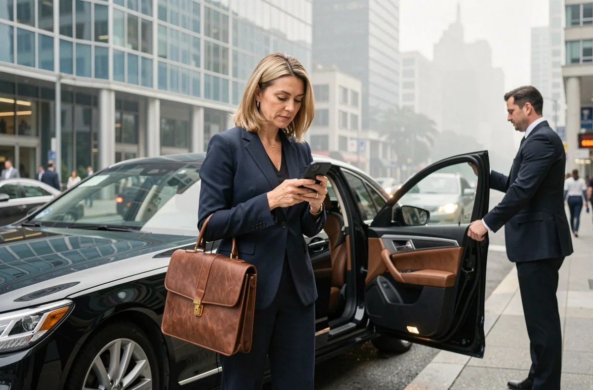 Femme professionnelle en blazer marine montant dans une berline noire avec chauffeur dans un quartier d'affaires urbain