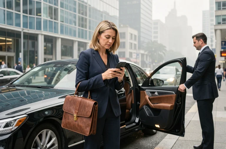 Femme professionnelle en blazer marine montant dans une berline noire avec chauffeur dans un quartier d'affaires urbain