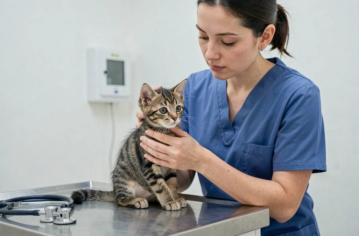 Vétérinaire examinant un chaton de dix semaines en consultation, soulignant l'importance du suivi médical au moment de la séparation des chatons