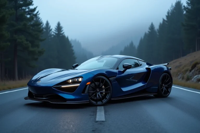 Voiture de sport coupé bleu métallique sur route de montagne avec forêt de pins en arrière-plan