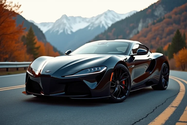 Voiture de sport moderne garée sur une route de montagne sinueuse avec paysage automnal