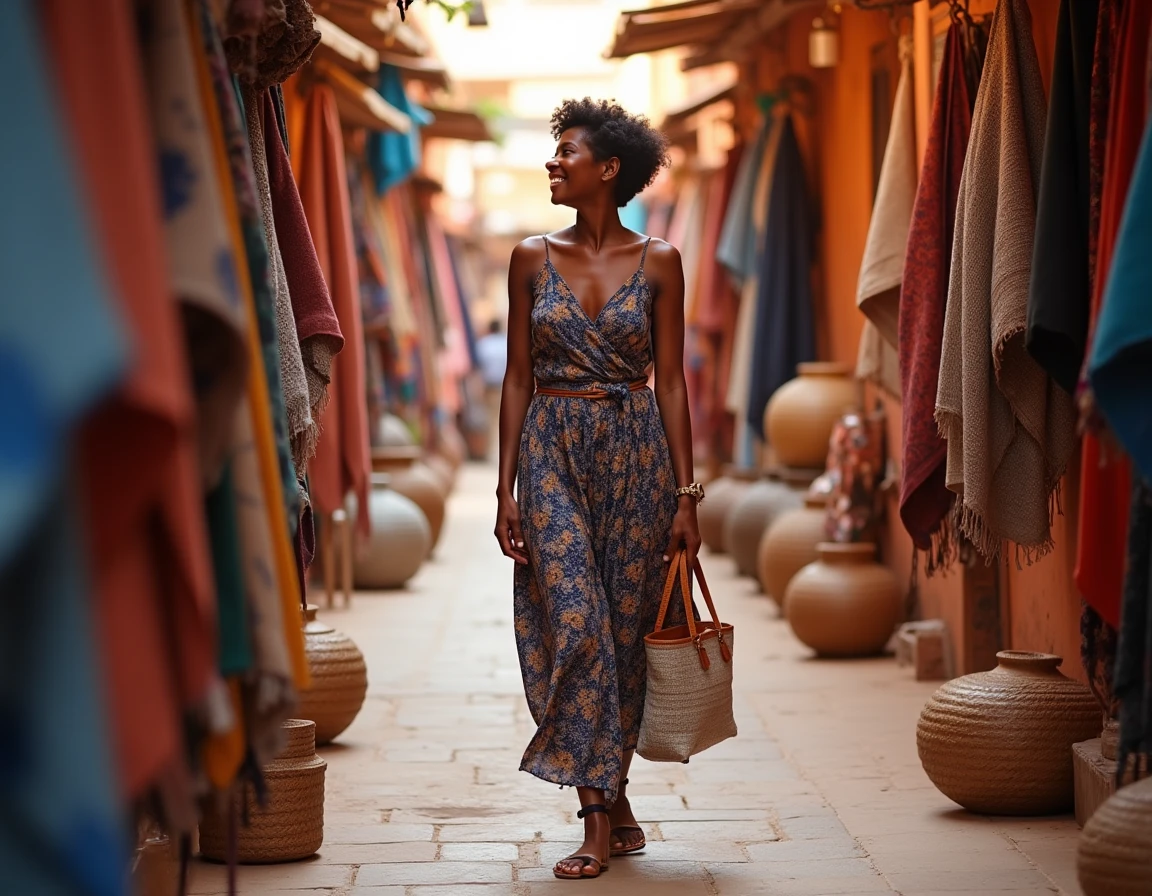 Voyageuse souriante explorant un marché artisanal coloré à l'étranger avec un sac bandoulière en cuir